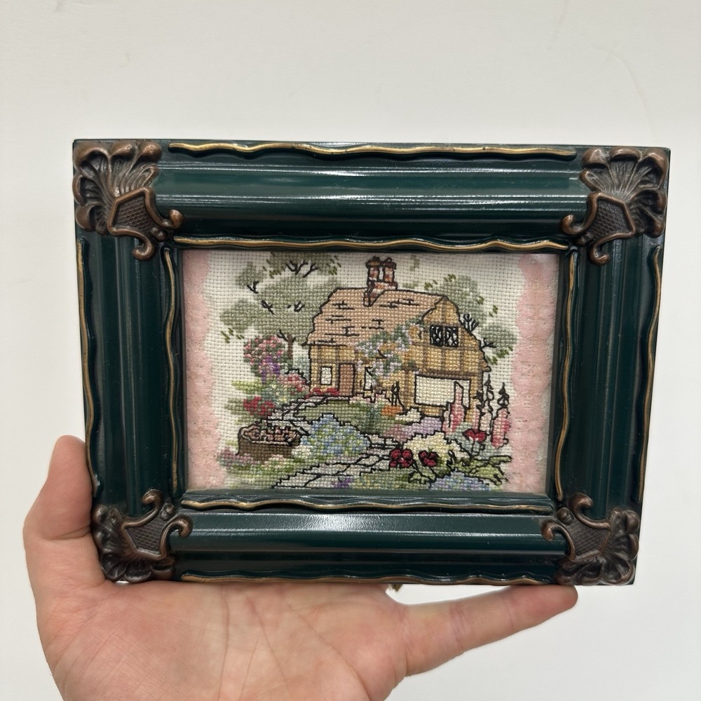 Embroidered Cross Stitch Handmade Vtg Countryside Rustic Cottage 7"x5.5" Framed
